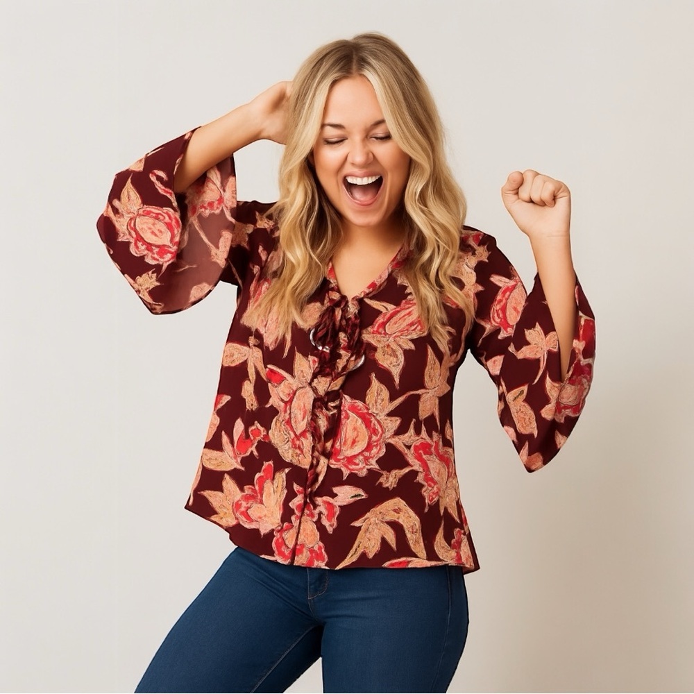 Show Me Your Mumu Brynn Paisley Boho Blouse Tie Neck Burgundy XS NWT - Picture 15 of 16